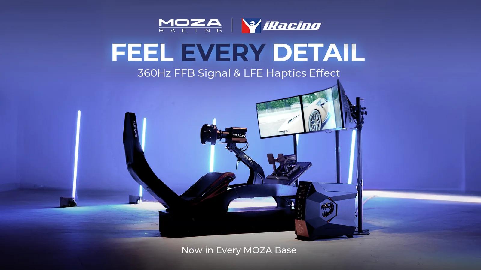 MOZA und iRacing Key Visual: ein MOZA Sim-Rig mit Triple-Screen-Aufbau unter blauem Studiolicht, mit der Bildunterschrift „Feel Every Detail — 360Hz FFB Signal and LFE Haptics Effect"