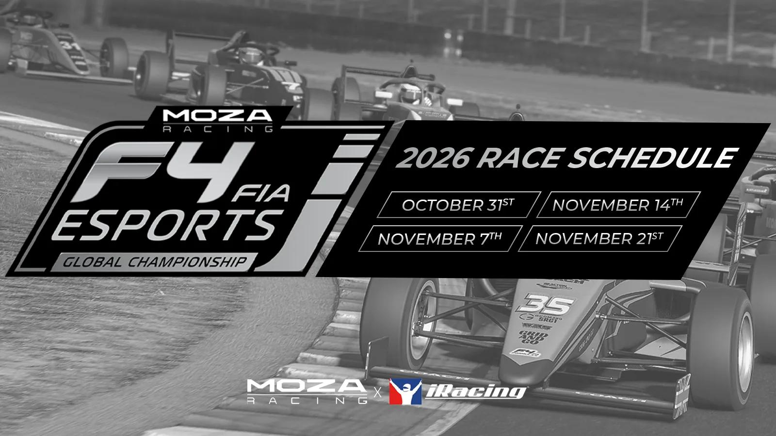 MOZA F4 FIA Esports Global Championship 2026 Rennkalender-Grafik mit vier Terminen im Oktober und November