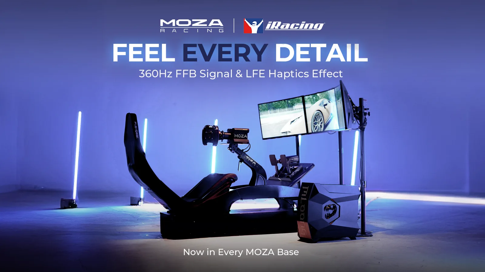 MOZA and iRacing key visual: a MOZA sim rig with triple screens under blue studio lighting, captioned Feel Every Detail — 360Hz FFB Signal and LFE Haptics Effect