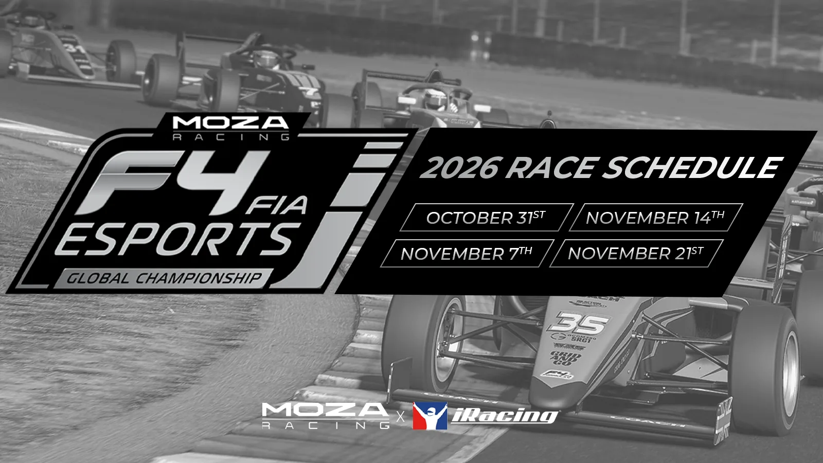 MOZA F4 FIA Esports Global Championship 2026 race schedule graphic listing four dates in October and November